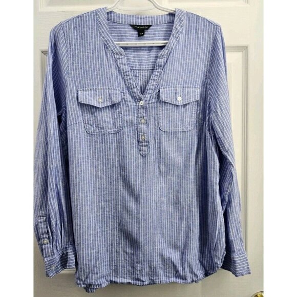 Tahari Blue White Striped Pullover Shirt Roll Tab Sleeves Linen Blend Medium - Picture 1 of 7